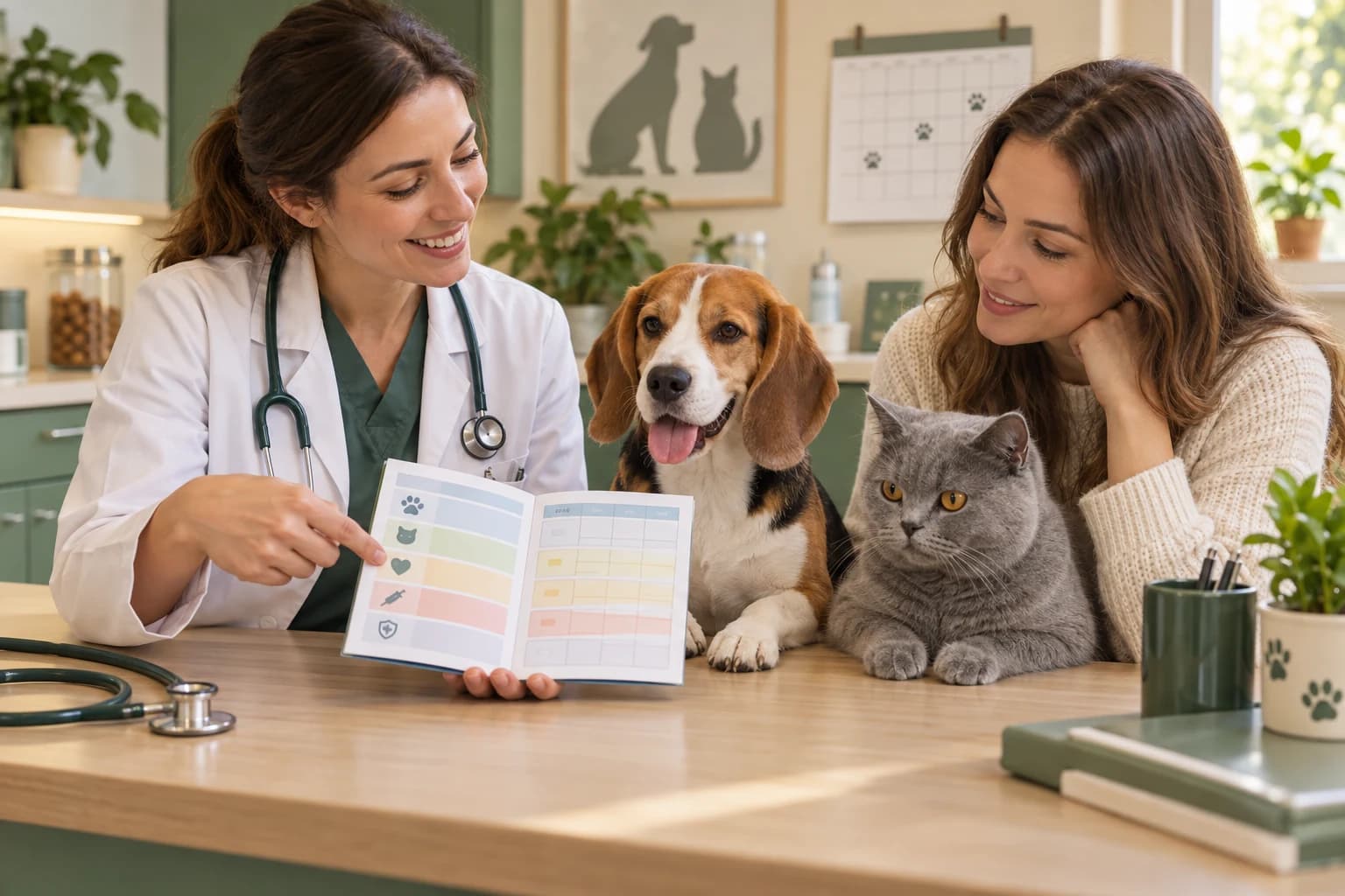 Una veterinaria explica una cartilla de vacunas junto a un beagle, un gato y su dueña.