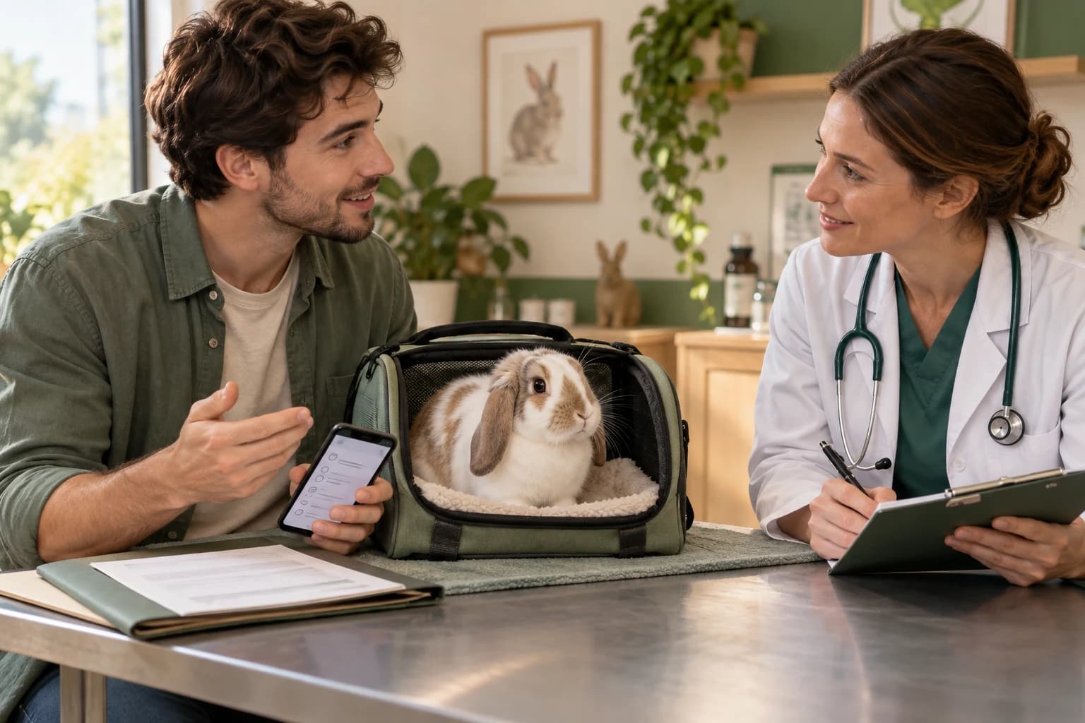 Un hombre llega preparado a la consulta veterinaria con su conejo, documentos y preguntas.