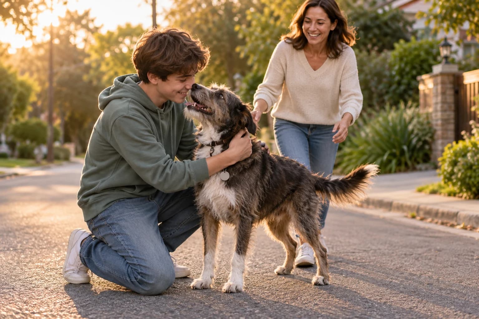 Un perro mestizo se reencuentra con su familia en una calle iluminada por el atardecer.