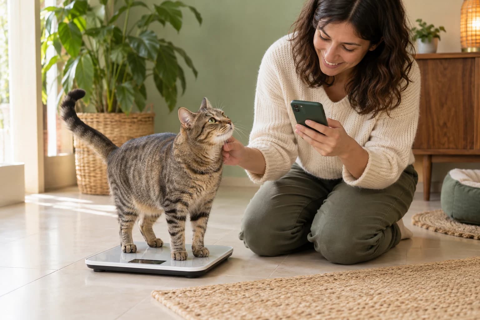 Una mujer acompaña a su gato atigrado mientras lo pesa en una báscula doméstica.