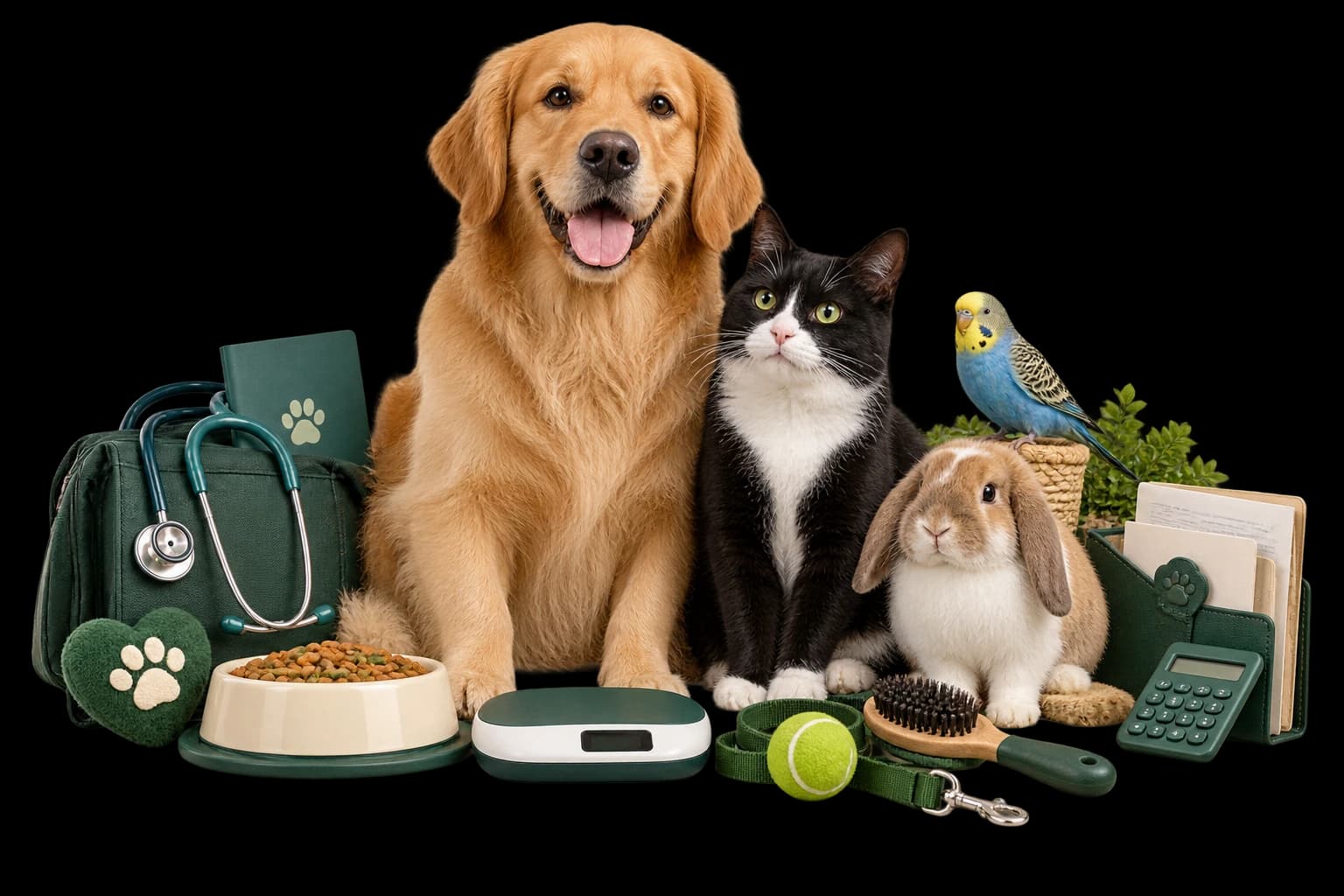 Un perro, un gato, un conejo y un periquito junto a objetos de salud, alimentación, cuidados y gastos.