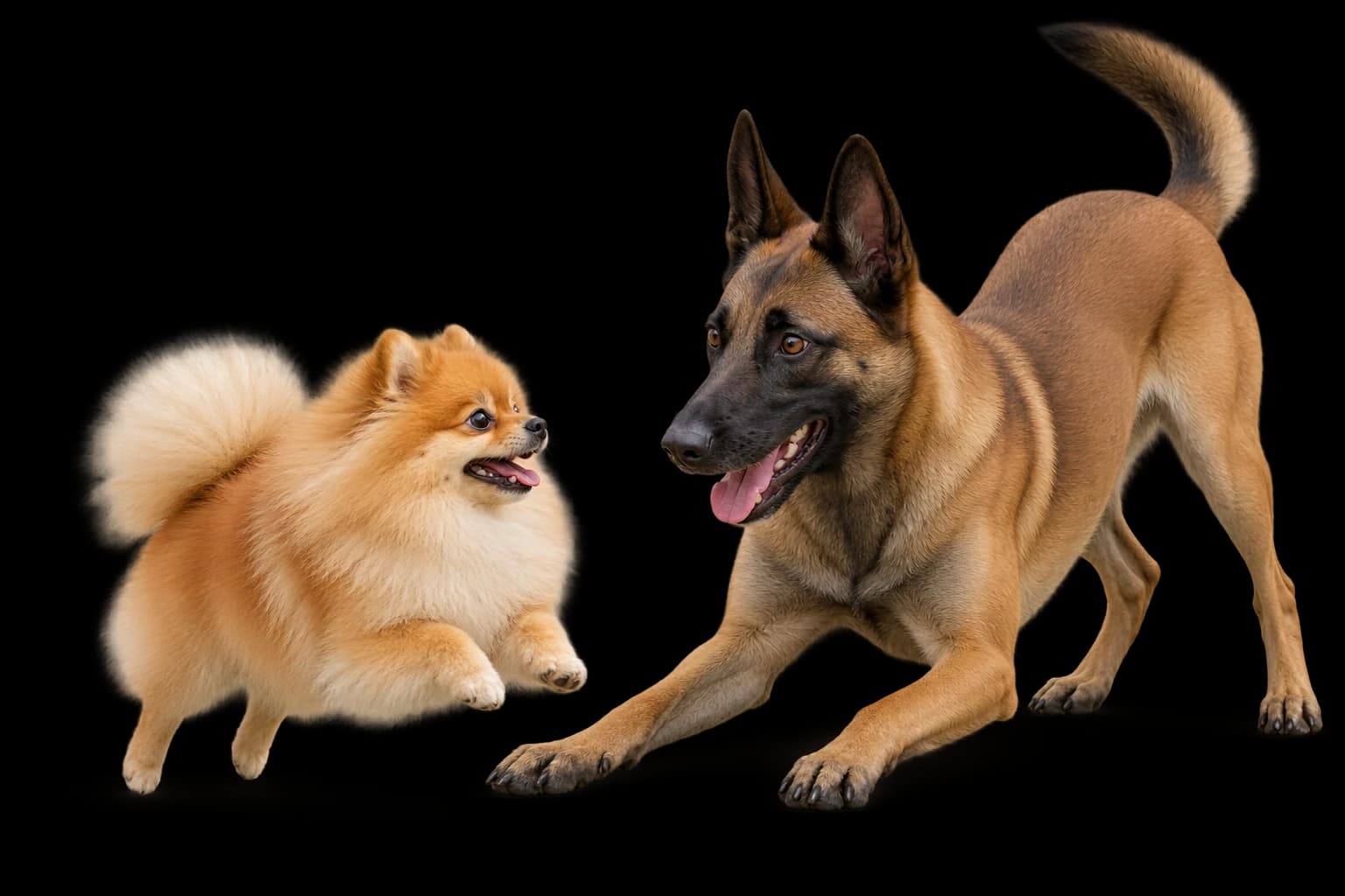 Un pomerania spitz y un pastor belga malinois juegan amistosamente.