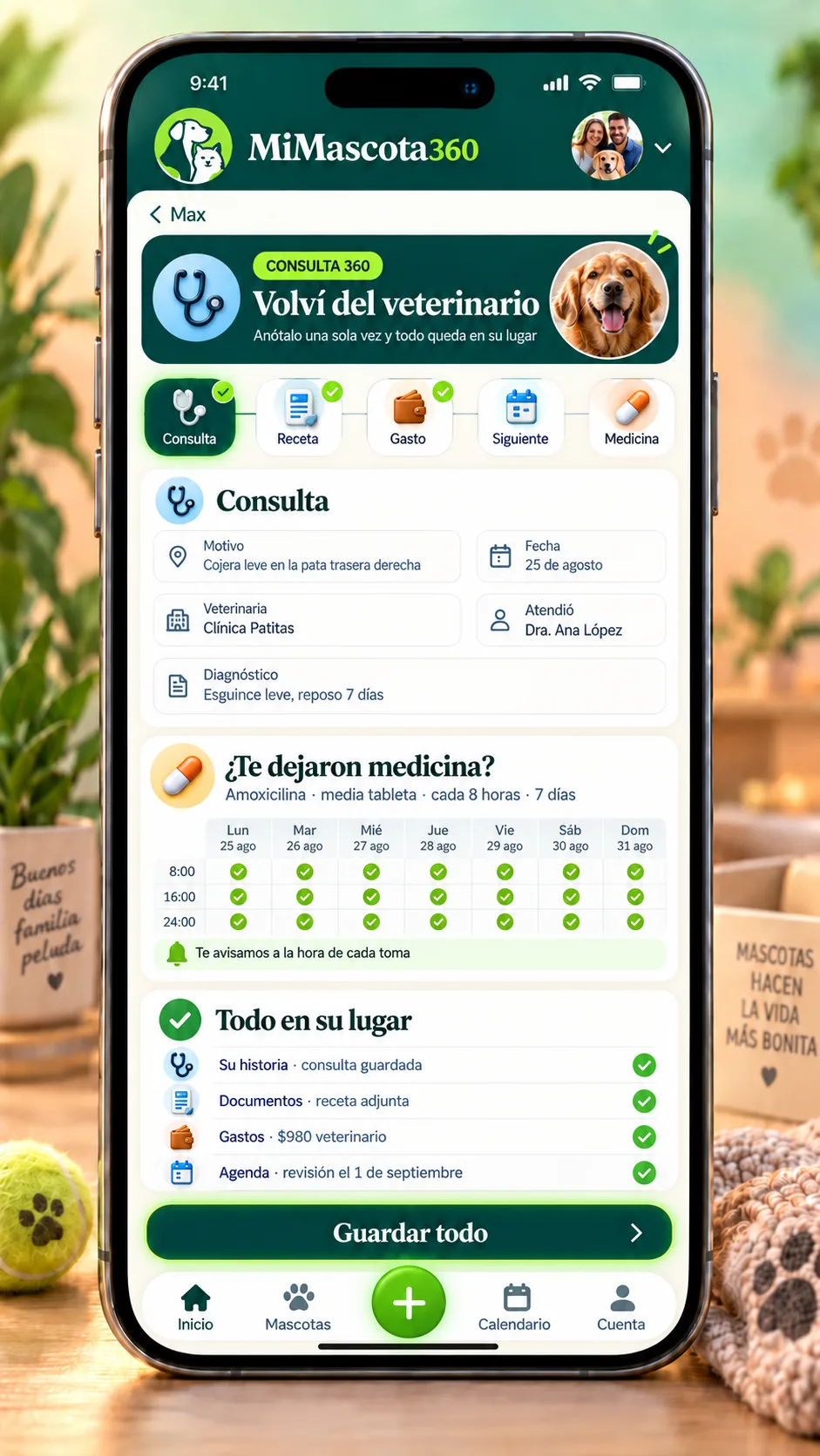 Pantalla Consulta 360 de MiMascota360 que organiza una consulta, receta, gasto, medicina y próximo cuidado.