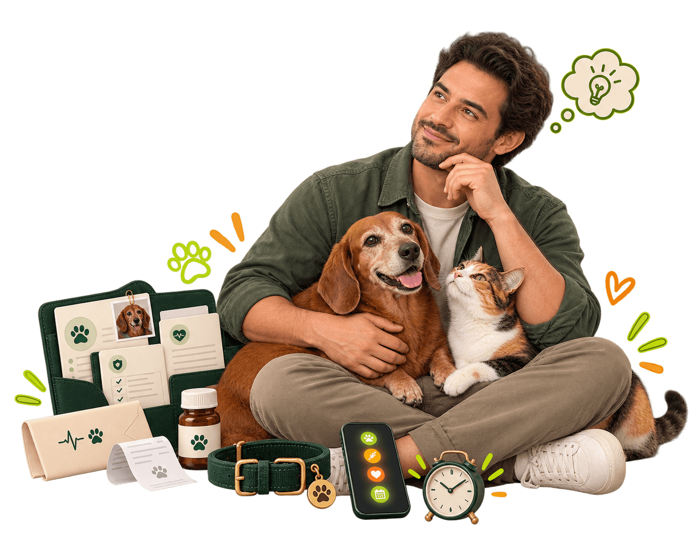 Un hombre abraza a su perro y a su gato mientras recuerda vacunas, medicinas, documentos y próximos cuidados.