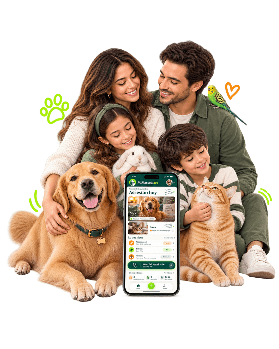 Una familia con sus perros, gato, conejo y periquito reunida alrededor de MiMascota360.
