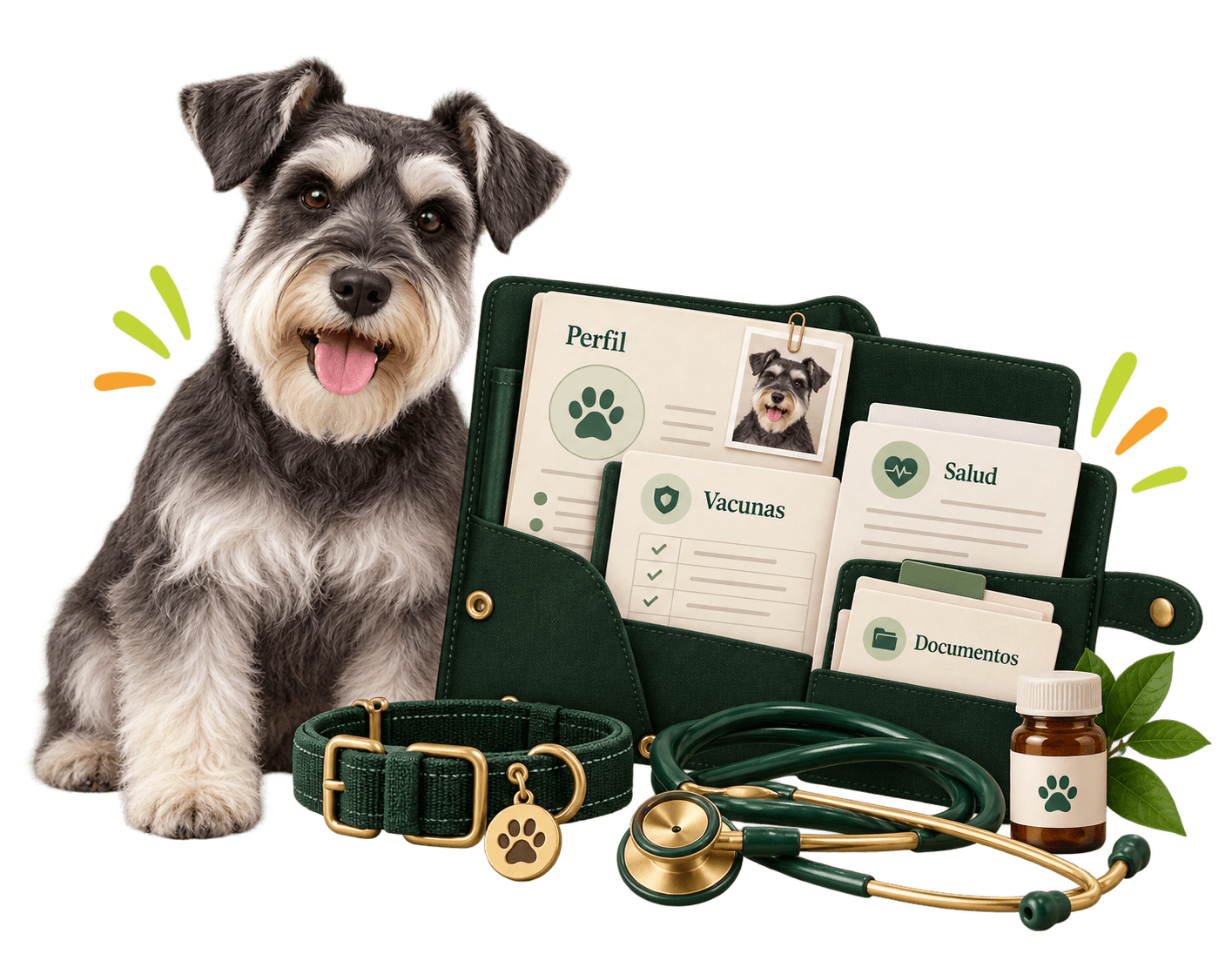 Un schnauzer acompaña un expediente con perfil, vacunas, salud y documentos de su mascota.