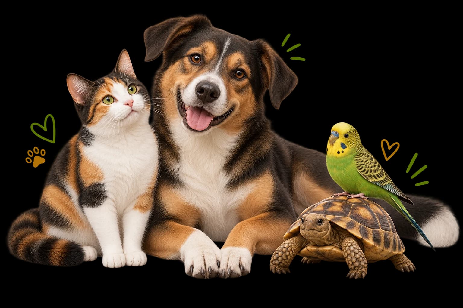 Un perro, un gato, un periquito y una tortuga acompañan el espacio reservado para historias reales de MiMascota360.