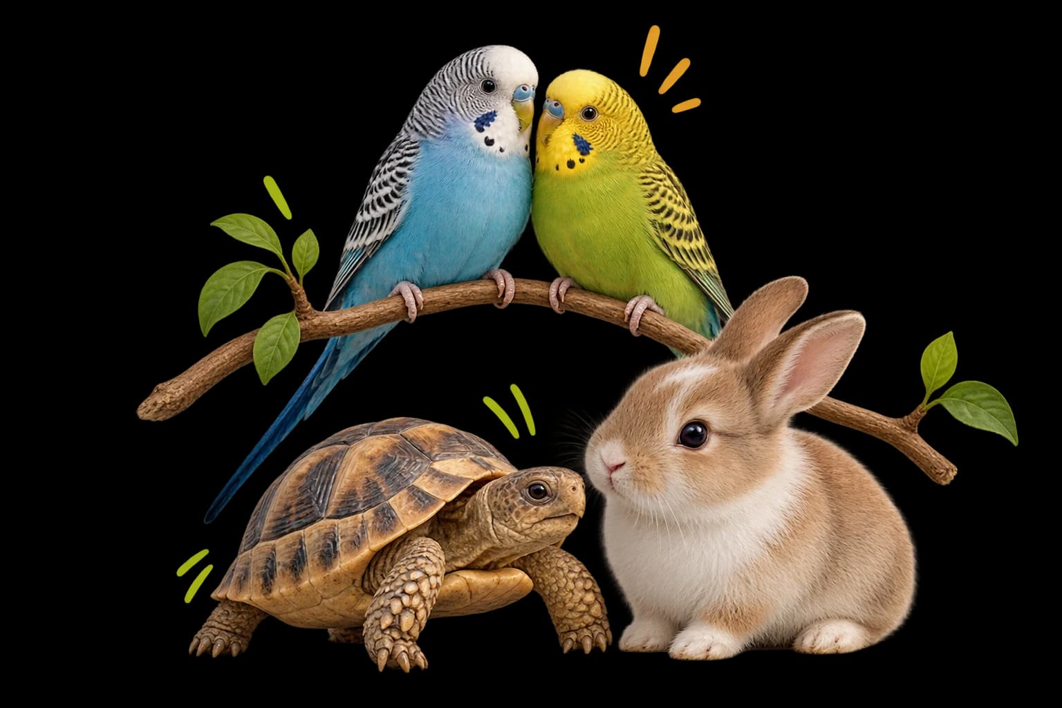 Dos periquitos, una tortuga y un conejo acompañan los planes de MiMascota360.