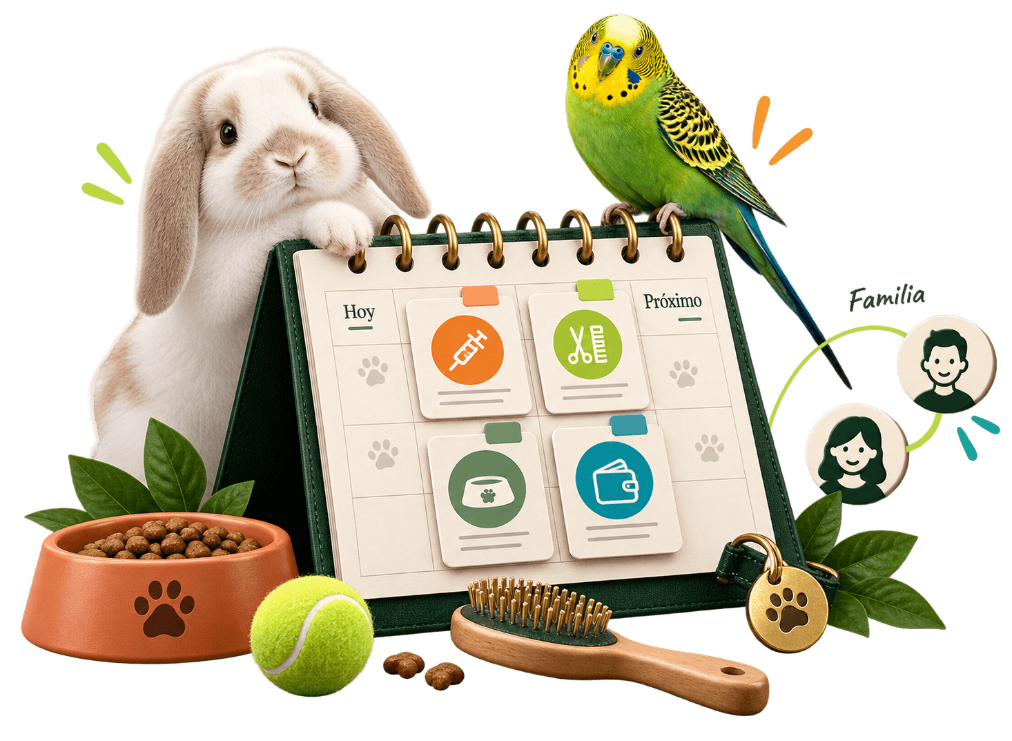 Un conejo y un periquito acompañan un calendario con próximos cuidados, alimento y presupuesto.