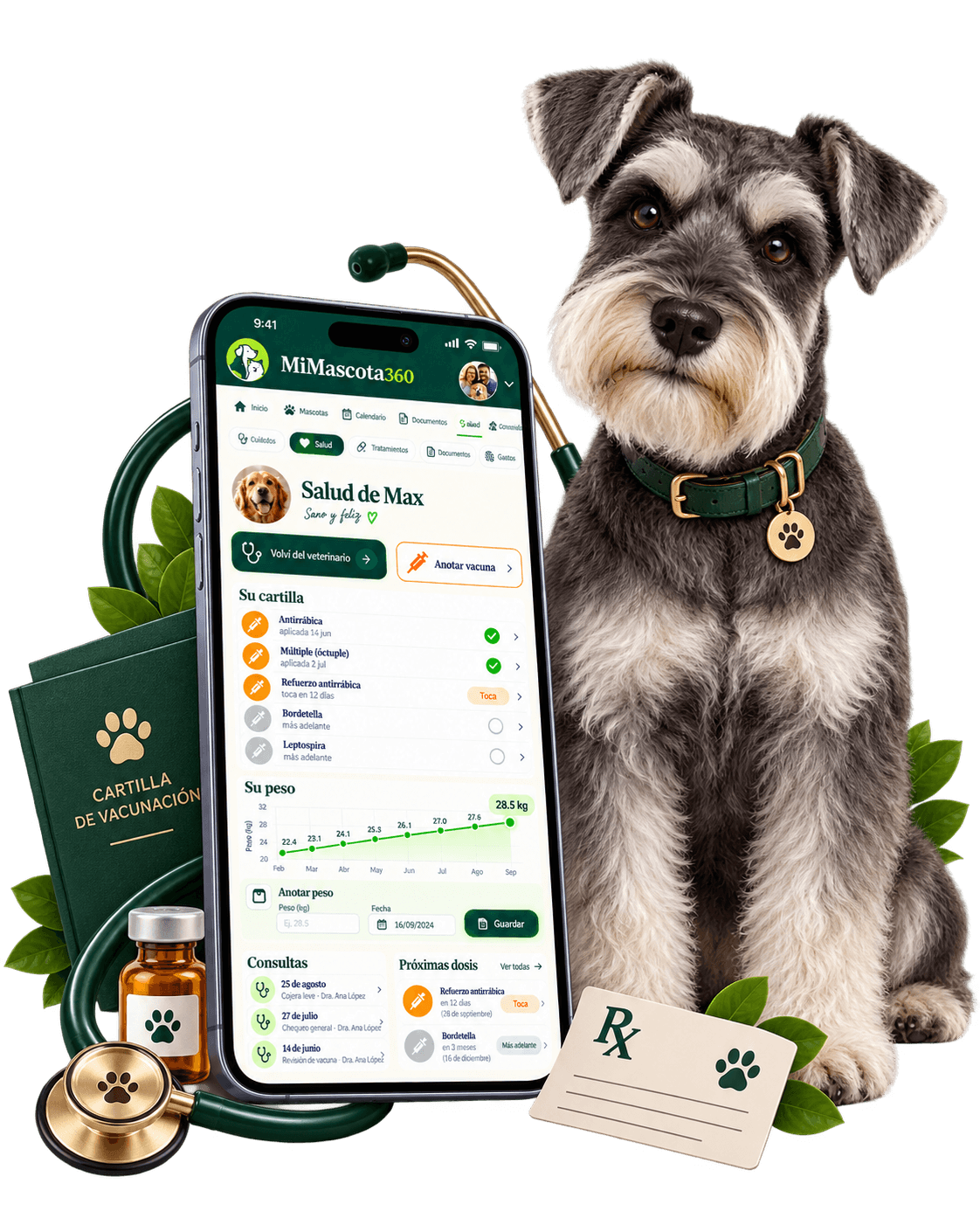 Un schnauzer acompaña la pantalla de salud de MiMascota360 junto a su cartilla, receta y estetoscopio.
